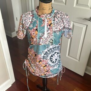 Teal Floral Short Sleeve Swim Coverup with Side Ties